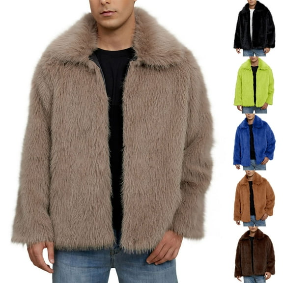 YOIAVAIOY Mens Faux Fur Coat Fluffy Furry Coats Winter Thicken Warm Cardigan Lapel Collar Long Sleeve Outwear Khaki#31 M