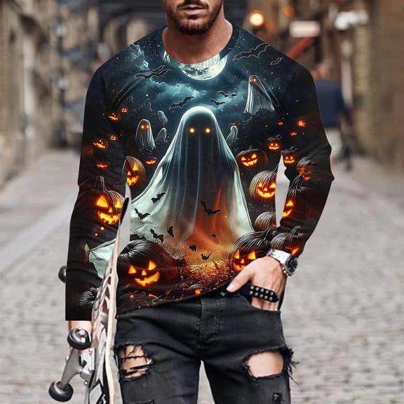 YOIAVAIOY Mens Graphic Long Sleeve T shirts Halloween 3D Print Tee Shirts Big and Tall Loose Shirts Novelty Holiday Tops Dark Blue XXXL