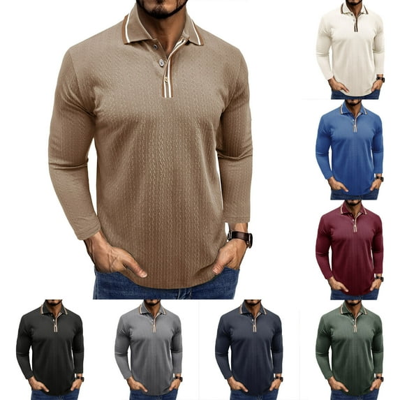 YOIAVAIOY Mens Knitted Cotton Polo Shirts Relaxed Fit Long Sleeve Collared T Shirt Big and Tall Casual Golf Shirt Wine S