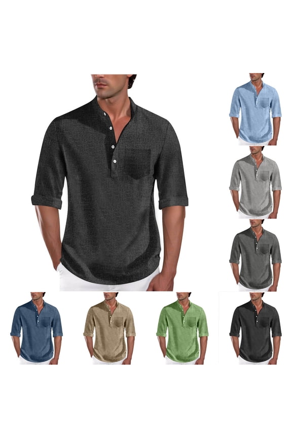 Mens Linen Shirts Casual Cotton 3/4 Sleeve Regular-Fit Henley T-Shirt Summer Lightweight Beach Yoga Tops Navy L