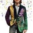 thumbnail image 1 of YOIAVAIOY Mens Mardi Gras Jacket Carnival Mask Feather Print Blazer Lapel Corduroy Festive Suit Jacket for Holiday Party Prom Purple L, 1 of 5