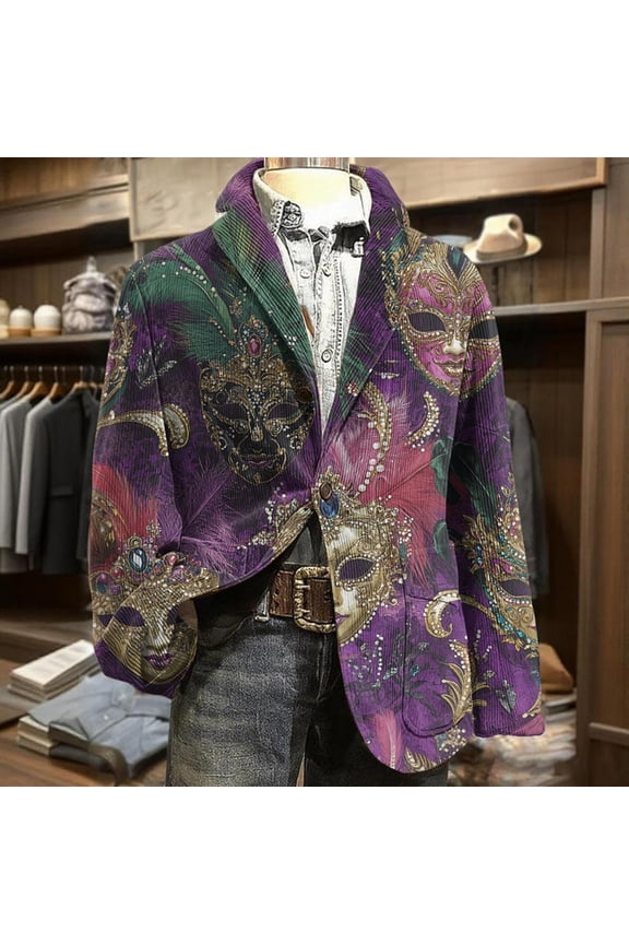 Mens Mardi Gras Jacket Carnival Mask Feather Print Blazer Lapel Corduroy Festive Suit Jacket for Holiday Party Prom Purple XXXXL