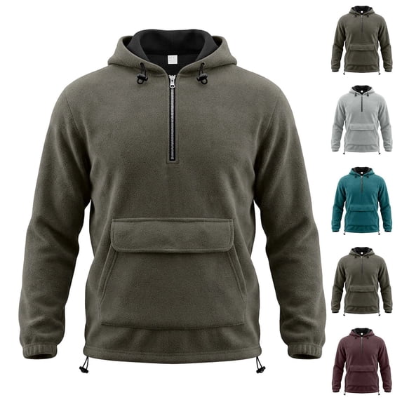 YOIAVAIOY Mens Quarter Zip Fleece Hoodie Heavy Warm Pullover Hoodies Adjustable Drawstring Sweatshirt Fall Winter Outdoor Athletic Sweatshirt Coffee L
