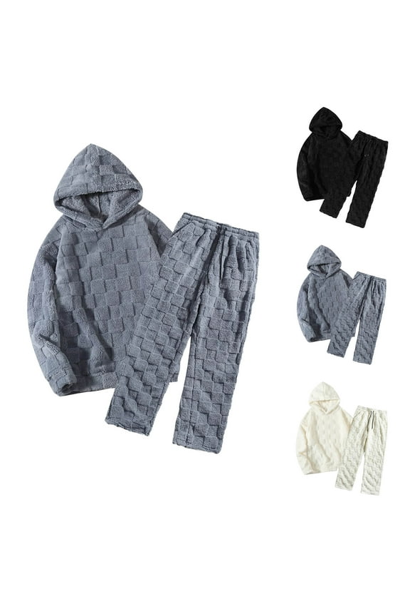 Mens Solid Hoodie Track Suit Plaid Pajama Sweatsuit Fuzzy Fleece Sets Casual Soft Sleepwear Trendy Cozy Lounge Set Winter Warm Matching Suits White S