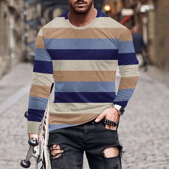 YOIAVAIOY Mens Striped Print T Shirt Long Sleeve Round Neck Tee Shirts Stylish Casual Pullover Big and Tall Hispter Streetwear Tops Multicolor#6 XXXXL