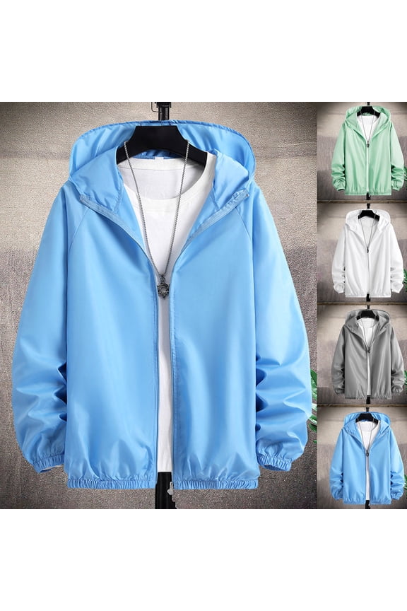 Mens Sun Protection Jacket with Hood Light Windbreaker Shield Zip Up UPF 50+ Hoodies Outdoor Athletic Hiking Sun Tops Blue L