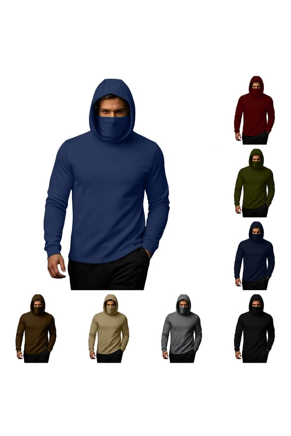 Mens Thermal Shirts Hoodie with Mask Long Sleeve Winter Sports Base Layer Top Active Running Sun Shirt Navy L