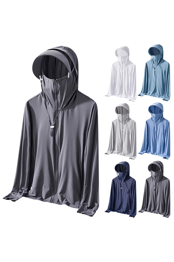 Mens UPF 50+ UV Protection Hooded Jacket with Detachable Face Cover & Hat Brim Men's Lightweight Cooling Outdoor Coat White XXL
