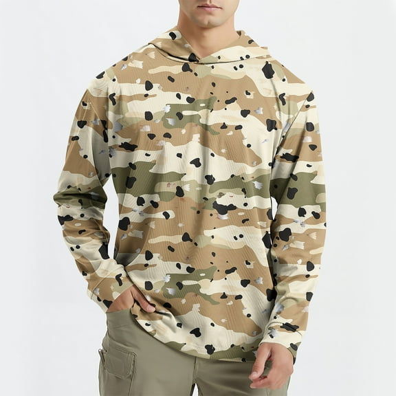 YOIAVAIOY Mens UV Hooded Shirt Sun Protection Long Sleeve Quick Dry Outdoor T-Shirt UPF 50 Rash Guards Cooling Hoodies Khaki S