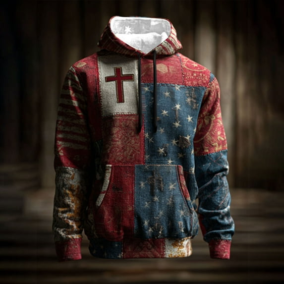 YOIAVAIOY Mens Vintage Pullover Hoodies Casual American Flag Cross Faith Hoodie Sweatshirt Christian Patriotic Fall Winter Top with Kangaroo Pocket Red XXXXXL