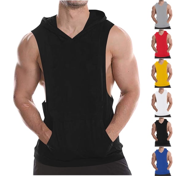 YOIAVAIOY Mens Workout Hooded Tank Tops Gym Running Cut off Muscle Undershirts Bodybuilding Training Sleeveless Hoodies Shirts Red S