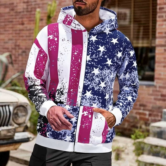 YOIAVAIOY Mens Zip Up Hoodies American Flag Graphic Fleece Hooded Sweatshirts Long Sleeve Athletic Hoodie with Pocket Red M