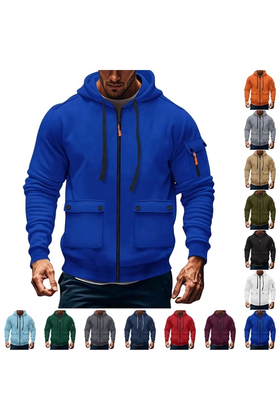 Mens Zip Up Hoodies Long Sleeve Cargo Work Jacket Outdoor Tactical Hooded Jackets with Multi Pockets Khaki S
