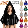 thumbnail image 1 of YOIAVAIOY Metallic Shiny Hooded Short Cape Halloween Witch Wizard Cosplay Costume Cloak Green Free Size, 1 of 9