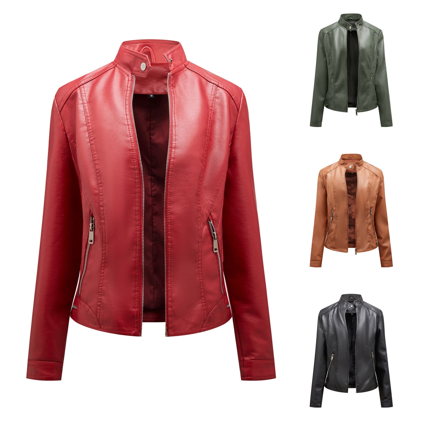 YOIAVAIOY Moto Jackets for Women Faux Leather Cropped Jacket Long Sleeve Zip Up Bomber Jacket Slim Biker Coat Wine L