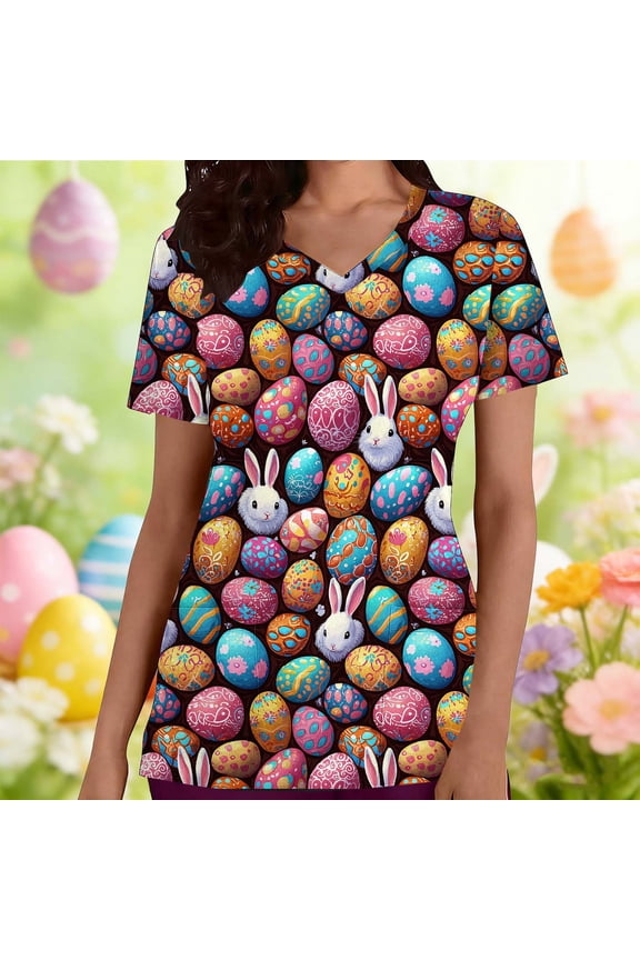 Multicolor Women Print Scrubs Easter Cute Rabbit Graphic Short Sleeve Scrub Tops Spring Casual Pullover Holiday Tops M