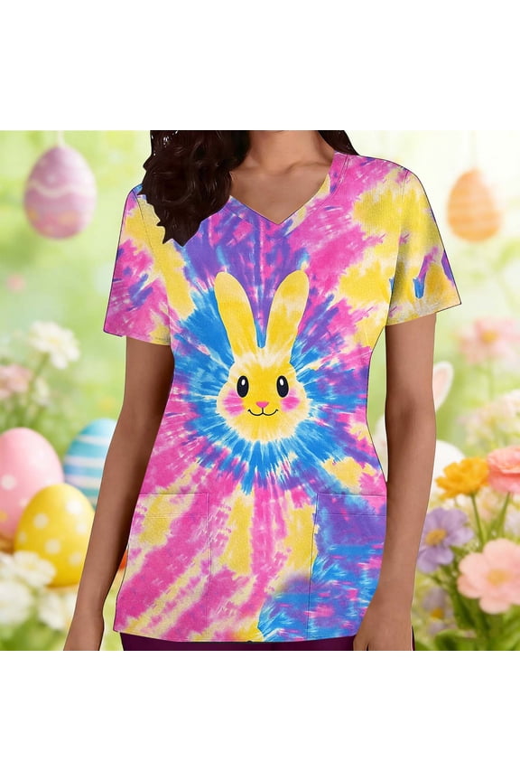 Multicolor Women Print Scrubs Easter Cute Rabbit Graphic Short Sleeve Scrub Tops Spring Casual Pullover Holiday Tops XXL