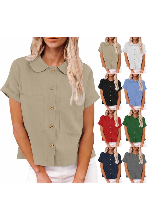 Peter Pan Collar Shirts Women Business Button Up Shirts Lightweight Casual Short Sleeve Blouse Light Blue L