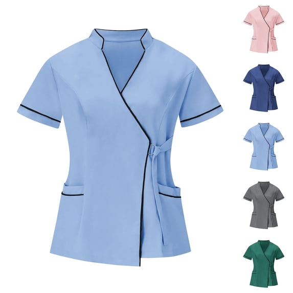 YOIAVAIOY Pink Soft Scrubs for Women Stretchy Short Sleeve Scrub Tops Fun V-Neck Nurse Uniform Shirts with Pockets S