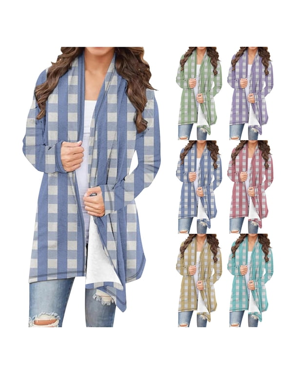 Plaid Cardigan for Women Plus Size Open Front Casual Duster Jacket Lightweight Casual Cardigans Yellow L
