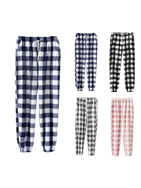 Plaid Pants for Women Lightweight Drawstring Joggers Cozy Warm Soft Flannel Pants Casual Athletic Lounge Pajama Pants Gray L