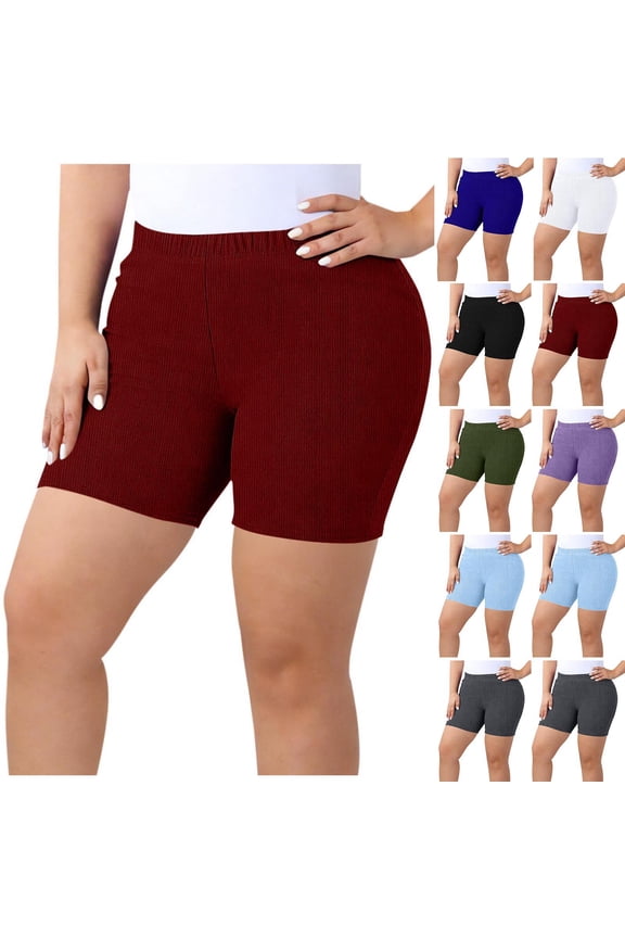 Plus Size Biker Shorts for Women Ribbed Knit Stretchy High Waisted Running Workout Yoga Lounge Shorts 2026 Wine L