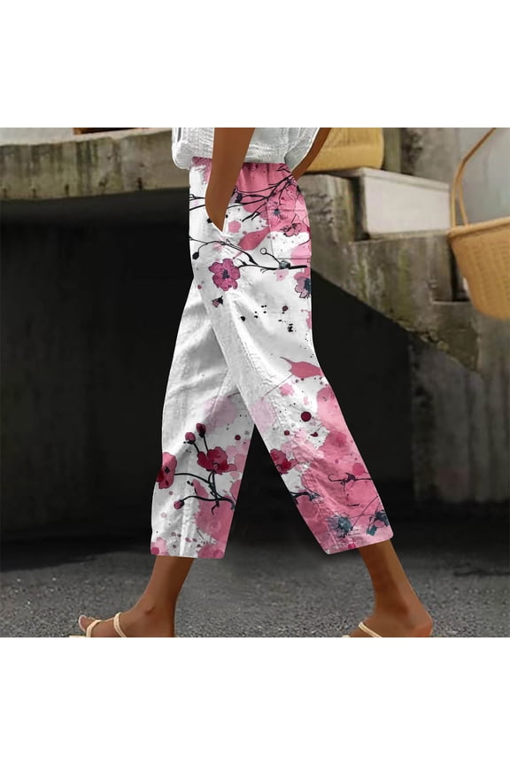 Print Capri Pants for Women Wide Leg Casual Pants Elastic Drawstring Summer Floral Graphic Capris Multicolor M