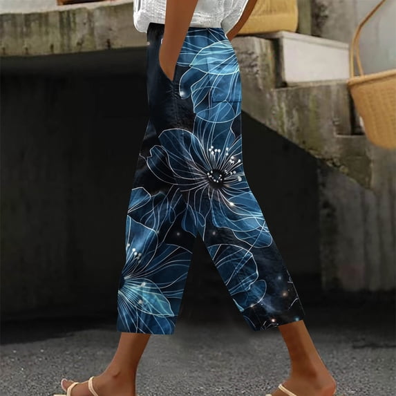 YOIAVAIOY Print Capri Pants for Women Wide Leg Casual Pants Elastic Drawstring Summer Floral Graphic Capris Multicolor XXL