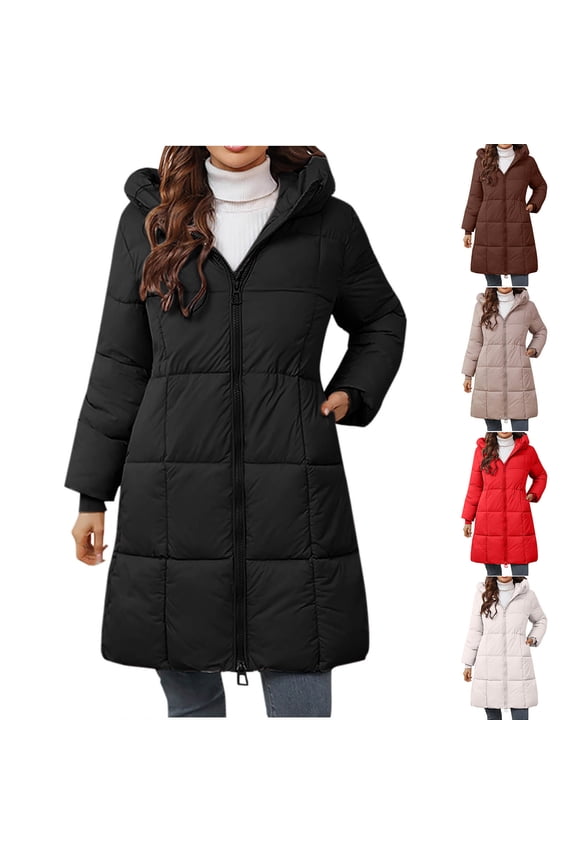 Puffer Jacket for Women Knee Length Hooded Down Coat Winter Warm Quilted Jacket Zip Up Outerwear Coats with Pockets Beige XXL