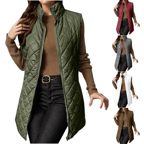 YOIAVAIOY Puffer Vest Womens Lightweight Quilted Jacket Stand Collar Zip Up Sleeveless Mid-length Down Vests Brown M