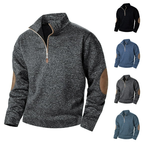 YOIAVAIOY Pullover for Men 1/4 Button Stand Collar Athletic Sweatshirt Casual Vintage Fashion Sweatshirts with Elbow Patches Black M