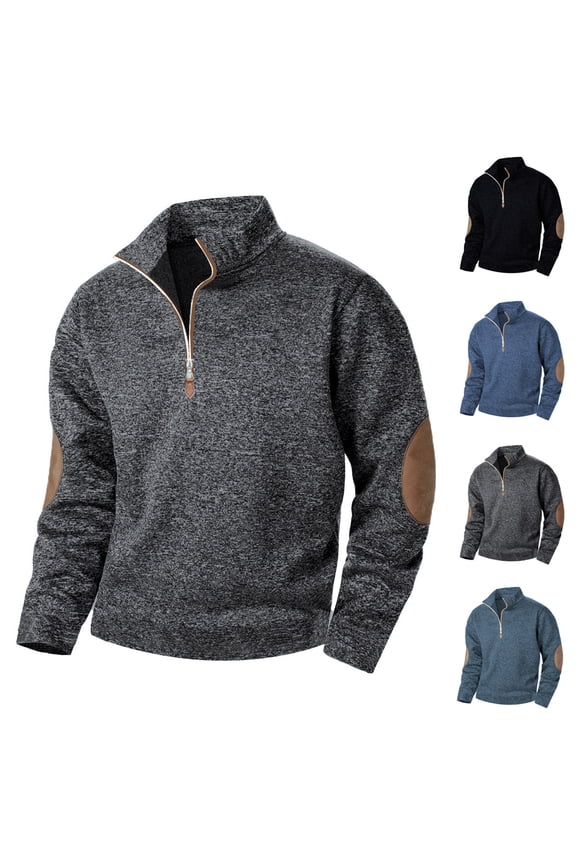 Pullover for Men 1/4 Button Stand Collar Athletic Sweatshirt Casual Vintage Fashion Sweatshirts with Elbow Patches Black M