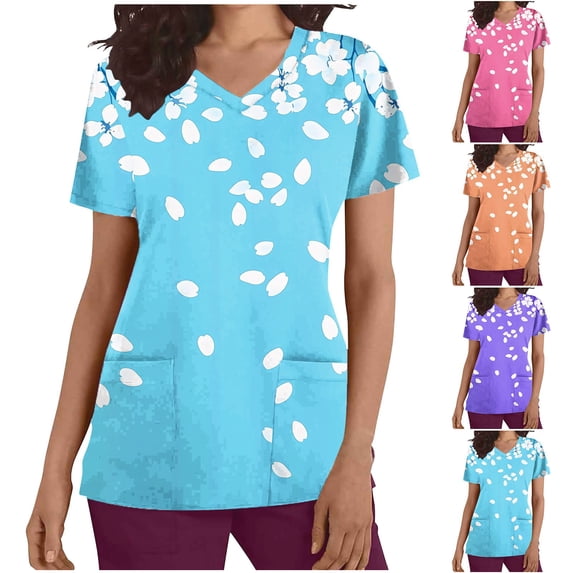YOIAVAIOY Purple Womens Nurse Work Uniforms Short Sleeve V Neck Work Scrubs Fashion Print Tunic Blouses with Pockets M
