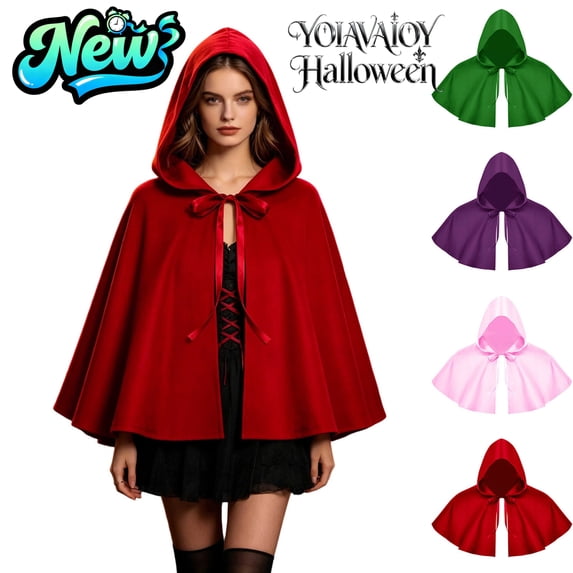 YOIAVAIOY Red Riding Hood Hooded Cape Short Velvet Cloak Halloween Cosplay Fancy Dress Costume Pink Free Size