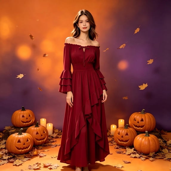 YOIAVAIOY Renaissance Dress Women Medieval Off Shoulder Peasant Flowy Ruffle Sleeve Maxi Wedding Guest Dresses Wine L
