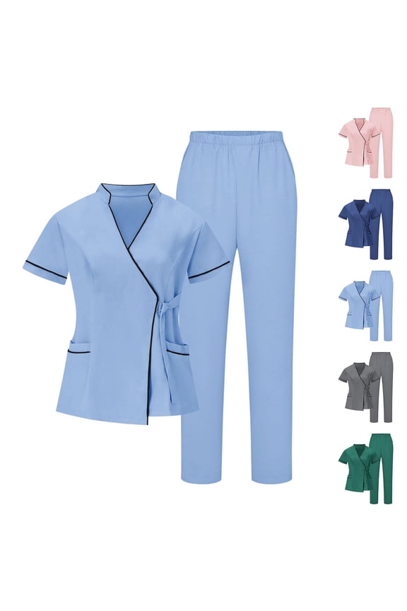 Scrub Sets for Women 2 Piece Scrub Outfits Casual Short Sleeve Scrub Tops and Long Pants Sets Nurse's Uniform Lounge Set Working Sets with Pocket Green M
