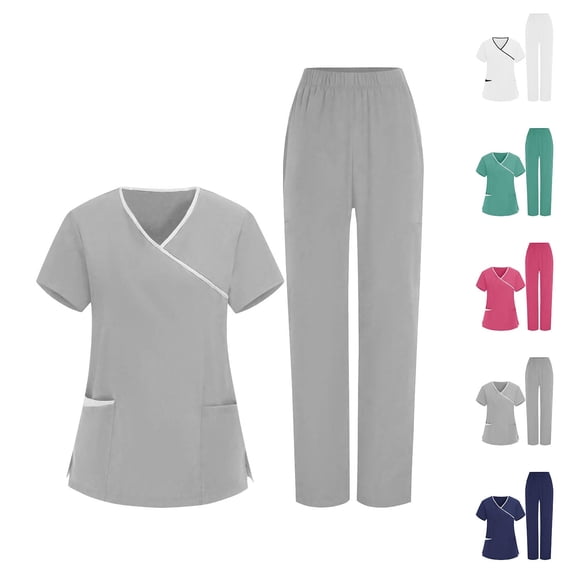 YOIAVAIOY Scrubs for Women Set Medical Nursing Uniforms V Neck Short Sleeve Scrub Tops and Pants Two Piece Sets with Pockets Hot Pink M