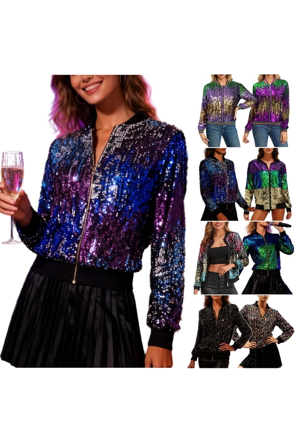 Sequin Jackets for Women Long Sleeve Zip Up Bomber Jacket Glitter Carnival Party Jackets Purple S