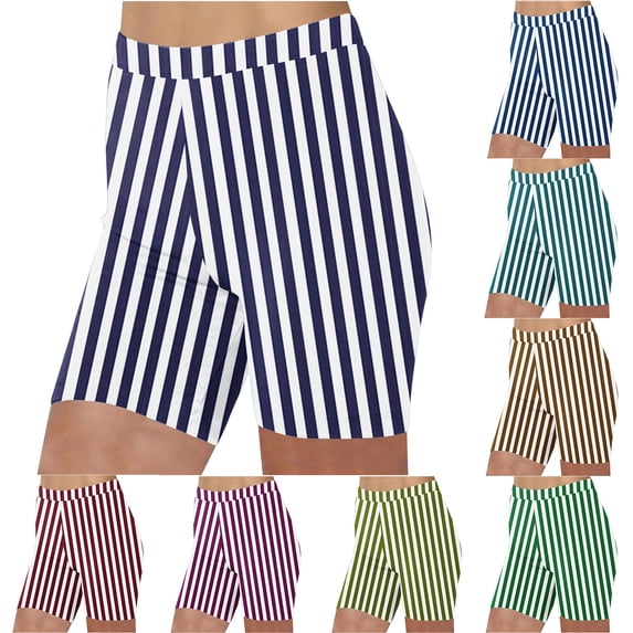 YOIAVAIOY Shorts for Women 2026 Summer Casual Stripe Print Pants Tummy Control Stretch Shorts Vacation Beach Bottoms Navy M