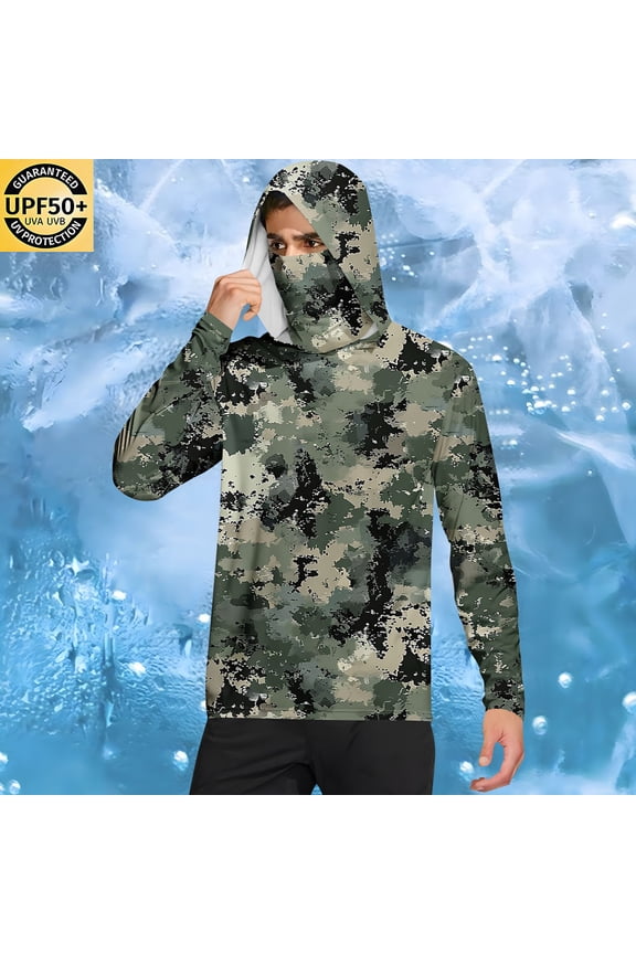 Sun Protection Hoodie Shirts for Men Uv Spf Upf 50+ Rash Guard Shirt Long Sleeve Summer Outdoor Fishing Cooling Hoodies with Mask Army Green XL