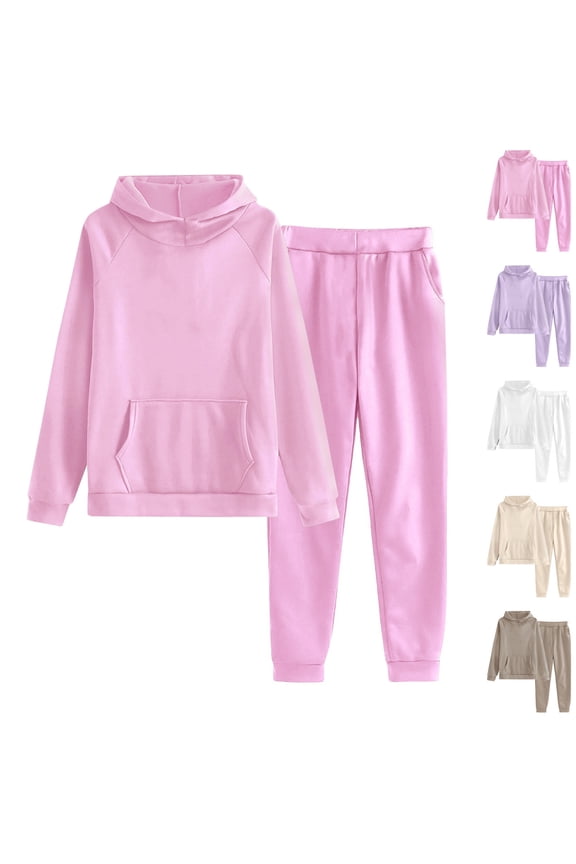 Sweat Suits for Womens 2 Piece Fleece Jogger Set Kangaroo Pocket Hoodie Sweatshirt and Sweatpants Set Solid Casual Tracksuit Beige M