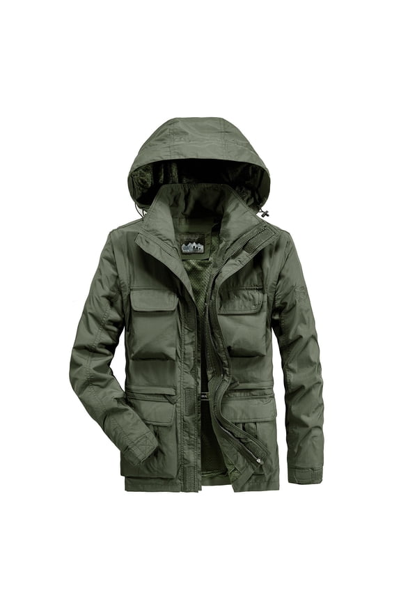 Tactical Hooded Jacket for Men Solid Cargo Jacket Quick Dry Hiking Fishing Travel Rain Coats with Multi Pockets Army Green M