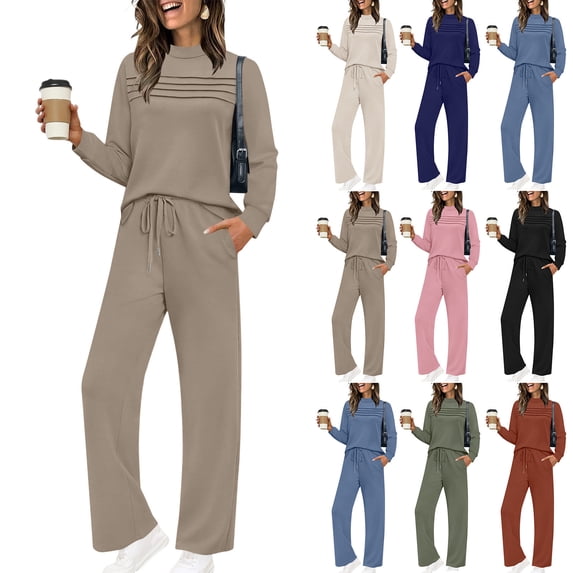 YOIAVAIOY Two Piece Sets for Women Fall Travel Vacation Outfits 2026 Long Sleeve Lounge Sets Side Slit Wide Leg Pants Beige L