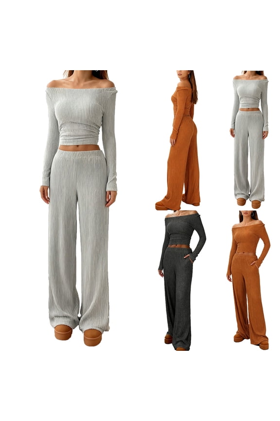 Two Piece Sets for Women One Shoulder Crop Top Wide Leg Pajama Pants Lounge Sets Airport Beach Vacation Clothes Gray XL