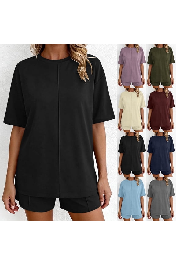 Two Piece Shorts Sets for Women Vacation Trendy Lounge Sets Crew Neck Matching Sets Short Sleeve Fashion Suits Black S
