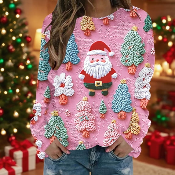 YOIAVAIOY Ugly Women Christmas Sweatshirt 3D Santa Graphic Pullover Loose Casual Xmas Print Sweatshirts Fall Winter Fleece Tops Red S