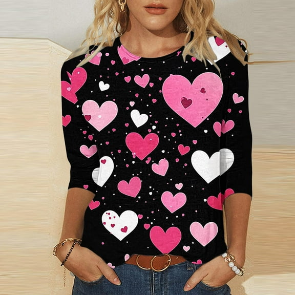 YOIAVAIOY Valentines Shirts for Women Trendy Cute Love Heart Print Tops Plus Size Casual Lightweight 3/4 Sleeve Blouses Black XXL