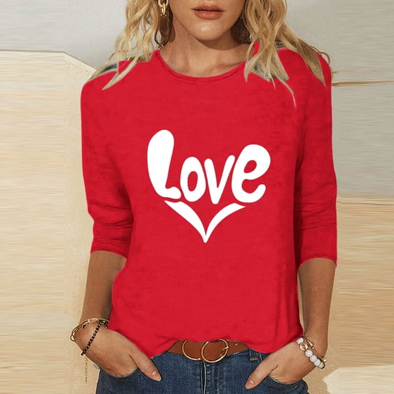 YOIAVAIOY Valentines Shirts for Women Trendy Cute Love Heart Print Tops Plus Size Casual Lightweight 3/4 Sleeve Blouses Red S