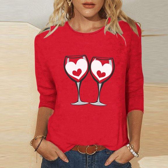 YOIAVAIOY Valentines Shirts for Women Trendy Cute Love Heart Print Tops Plus Size Casual Lightweight 3/4 Sleeve Blouses Red XXL