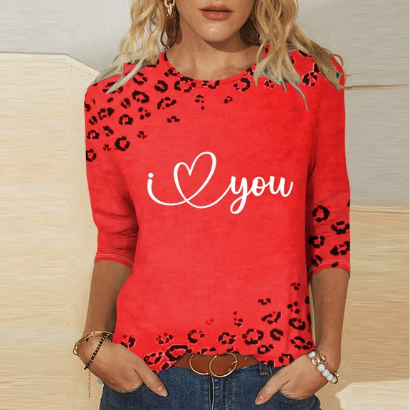 YOIAVAIOY Vintage Tees for Women Round Neck 3/4 Sleeve T-Shirt Fashion Casual Lover Printed Tops Pink XXL